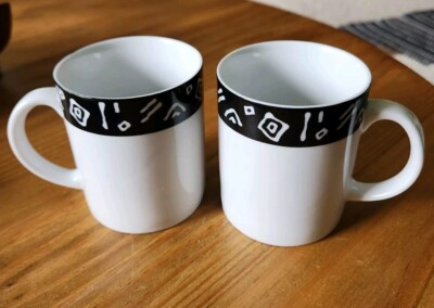 Pier 1 Monno-Bangladesh Design Black and White Coffee Mugs / Cups Set Of 2  rare-image