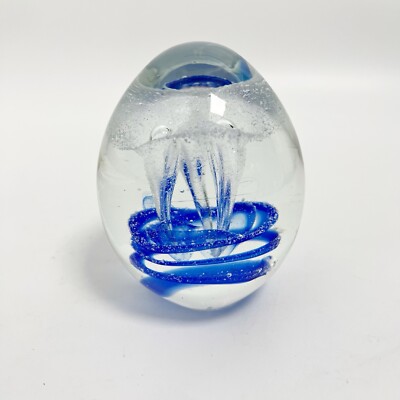 Pier 1 Imports Vintage Heavy Art Glass Paperweight Sculpture blue flower design-image