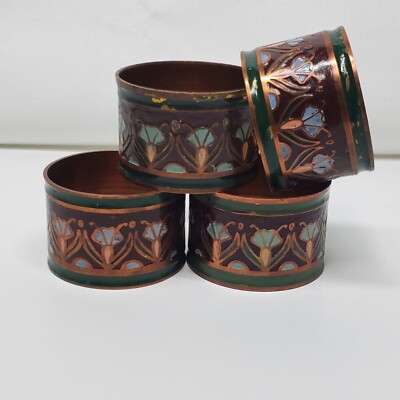Pier 1 Imports Set Of 4 Copper Tone Flowers Designed Napkin Rings Holder-image
