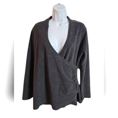 Soft Surroundings Medium Petite Charcoal Grey Cozy Warm Faux Wrap V-Neck Sweater-image