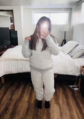 PINK Victorias Secret Sherpa Pullover Womens M Soft Pastel Gray Warm Cozy Lounge-image