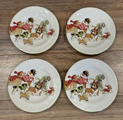 Pier 1 Imports Park Avenue Puppies Dogs Set Of 4 Salad Dessert Plates 8.75”-image