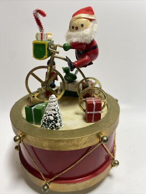 Vintage Wind-Up Rotating Drum Music Box W/Santa On A Bike Going Up And Down-image
