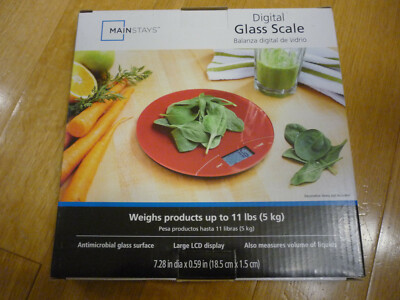 Mainstays round digital glass scale 11 lb(5 kg) antimicrobial, red, LCD, new-image