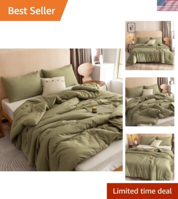 All-Season Queen Comforter Set with Solid Olive Green Design - Cozy & Durable-image
