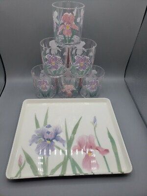 Design Imports H J Stotter USA Cups Italy Iris Floral Serving Tray ~MINT~-image