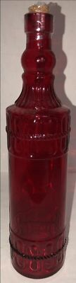 PIER 1 IMPORTS Glass Decorative RED Bottle 12.25” Tall w/Cork Raised Design NEW-image