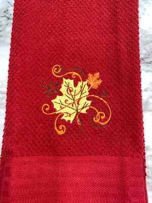 Embroidered Red  Kitchen Cotton Hand Towel Fall Leaves w Filigree Swirls  BS3056-image