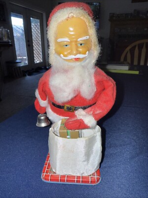 VTG 1930s - 50s WIND UP BELL RINGER SANTA CLAUS CHRISTMAS 8.5” MAGNETIC PRESENT-image
