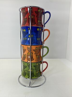 Pier One Imports Owl bird Mug Set Stackable,  green blue red orange, HandPainted-image