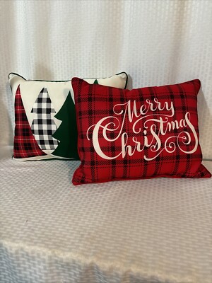 2 Xmas Throw Pillows 16” X 12” Jordan Mfg Red White Black Green Merry Xmas, Tree-image