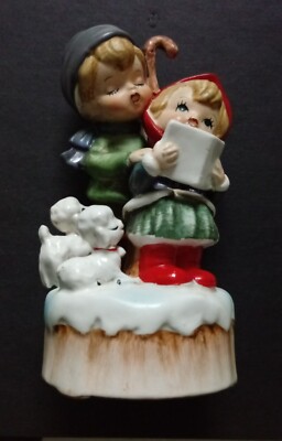 Vtg Xmas Wind Up Porcelain Music Box SILENT NIGHT Christmas Boy&Girl MADEinJAPAN-image