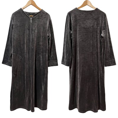 Miss Elaine Fleece Long Zip Front Nightgown Size M Gray Grandmacore House Dress-image