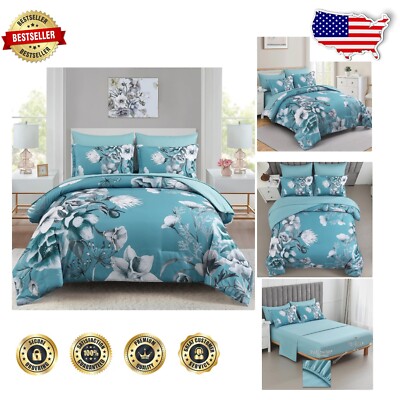 Cozy 7-Piece Teal Blue Floral Comforter Set - Soft Microfiber for -Round Use-image