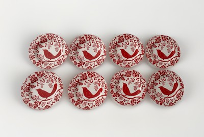 Set of 8  Pier 1 Stoneware Red Bird Flowers Branches Salad Luncheon Plates 8.25”-image