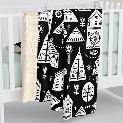 Black and White Nordic Inspired Winter Graphics, Cozy Sherpa Fleece Blanket-image