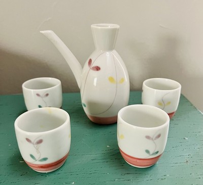 Vintage Pier 1 Imports Sake Pitcher 4 Cups Pink White Porcelain Floral Set Japan-image