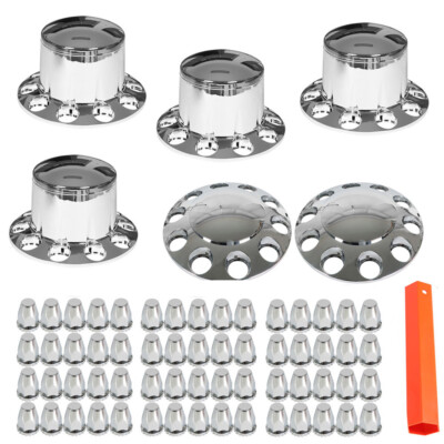 Front & Rear Complete Chrome Hub Cover Semi Truck Wheel Kit Axle Cover 33mm Lug-image
