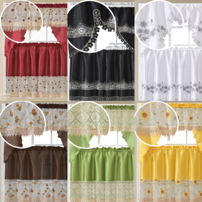 3PC SET WINDOW EMBROIDERY KITCHEN CURTAIN SOLID DRAPE VALANCE TIER NEW DESIGNS-image