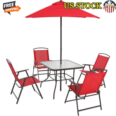 6-Piece Outdoor Patio Dining Set W/ Umbrella Foldable Chairs Steel Table New-image