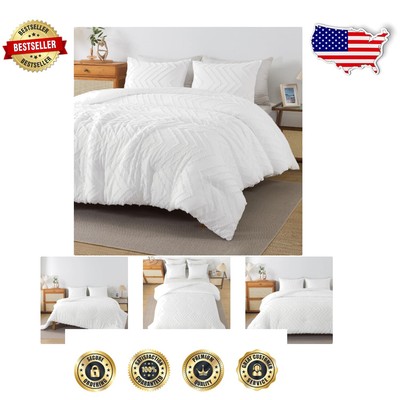 Fluffy White King Comforter Set with Chevron Tufting - Cozy Lightweight Bedding-image
