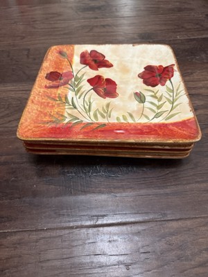 Pier 1 Imports Square Dinner Plates Poppies 10” Set of 4 Pier One Retired-image