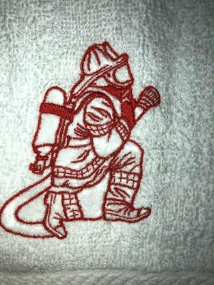 Embroidered Bathroom  Hand Towel Red  Firefighter Outline Kneeling HS1339R-image