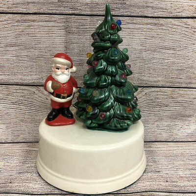 Ceramic Christmas Tree w/ Santa Claus VTG Wind Up Music Box Hand Painted Glazed-image