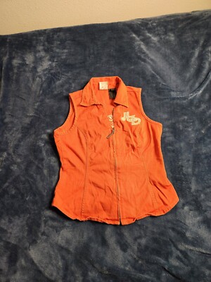 Vintage Harley Davidson Canvas Vest Womens Size Small Orange Full Zip Rhinestone-image