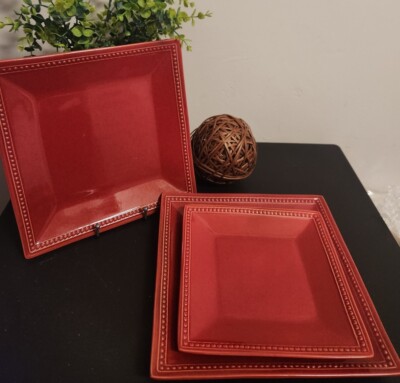 3pc Pier 1 Spice Route Paprika Beaded Square 1 Salad, 2 Dinner Plates -image
