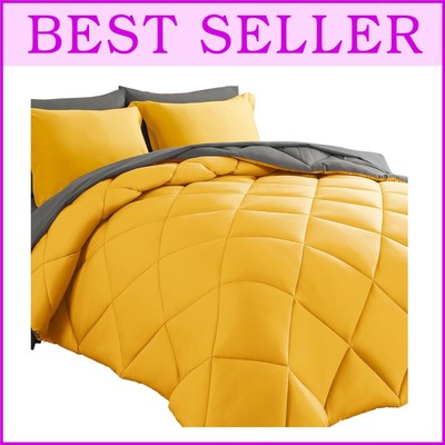 Cozy 7-Piece Reversible Bedding Set - Microfiber Full Comforter in Yellow & Grey-image