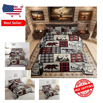Cozy Full Rustic Buffalo Plaid Comforter Set with Wildlife Design - All Seasons-image
