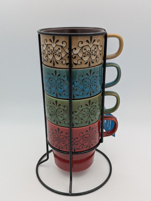 Pier 1 Imports Stacking Stoneware Coffee Mug Set of 4 Cups Yellow Blue Green Red-image