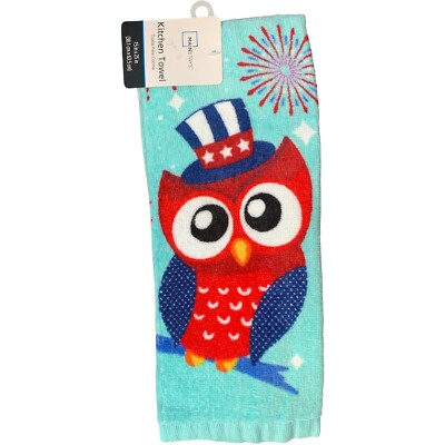 Patriotic Owl Kitchen Towel Holiday Fireworks Top Hat Bird Red White Blue Teal -image