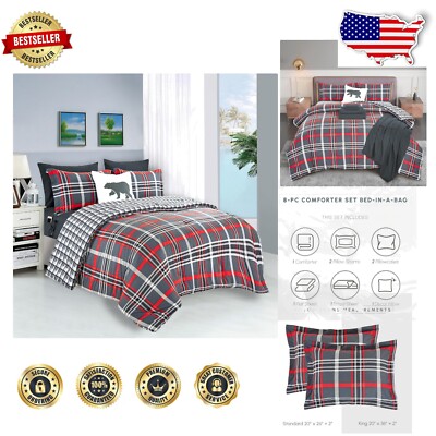 Cozy 8-Piece Twin/Twin XL Plaid Comforter Bundle with Essential Bedding Pieces-image