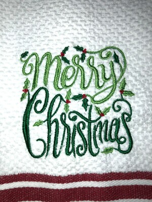 Embroidered Striped Kitchen Hand Towel Merry Christmas with Holly Berries BS2232-image
