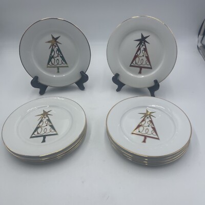 Pier 1 Set (10) Holiday  Dessert/Salad Plates 7.5” Gold Trim Christmas Tree-image