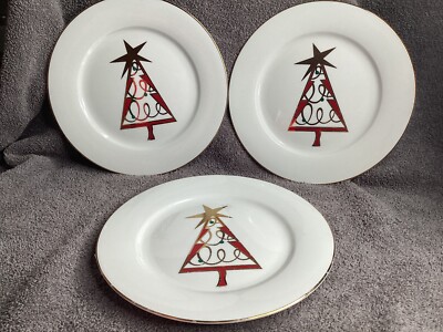Set of 3 Pier 1 Christmas tree salad dessert plates red gold designed trees-image