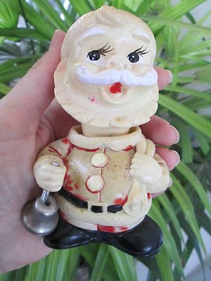 Vintage Wind Up Santa Claus Head moves Silver Bell 5