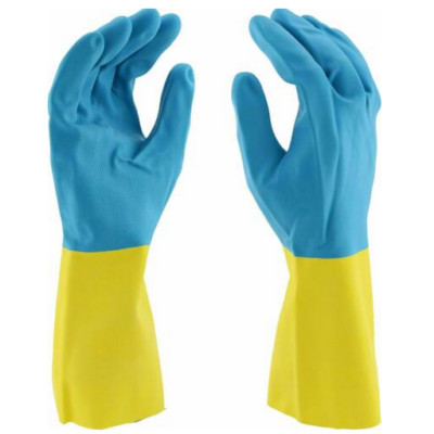 (12 PAIR) CHEMICAL RESISTANT GLOVES BLUE NEOPRENE OVER YELLOW LATEX WORK GLOVES-image