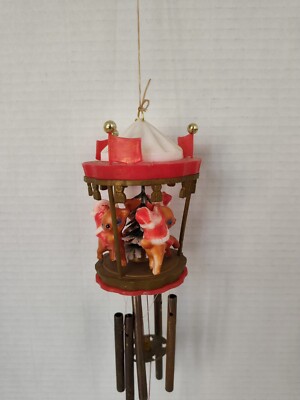 Vintage Christmas Ornament Wind Chime Santa Riding Reindeer Carousel 1974-image