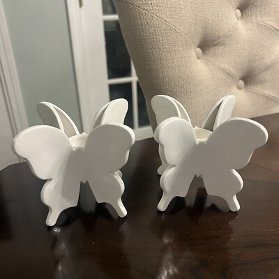 Vintage Vandor Imports Japan Ceramic White Butterfly Candle Holders Set of 2-image