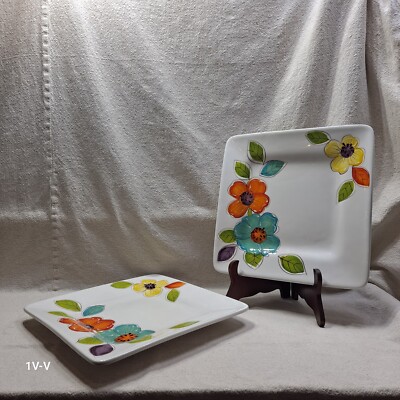 Pier 1 Brittany Square Earthenware Set/ 2 DINNER  Plates In A1 Condition -image