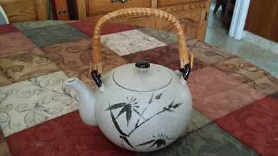 Amthor Imports Sand Colored Textured Teapot w/ Reed Handle & Bamboo Design Japan-image