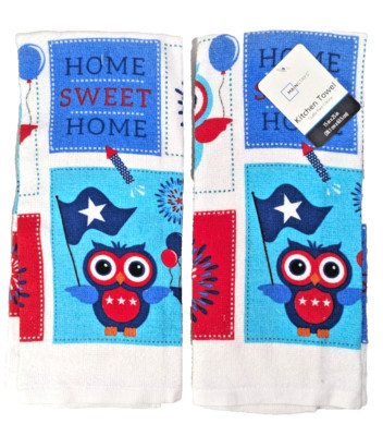 Patriotic Owls Kitchen Towels 2-Pc Fireworks Flag Red White Blue Star Gift NWT-image