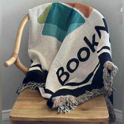 BookNook multicolor knit with fringe reading blanket with book logo-image