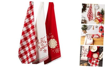  Christmas Kitchen Towels Decorative Embellished Cotton Dish Towel Set, 18x28, -image