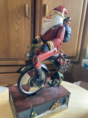 Vtg Santa Claus On Bicycle Plays Jingle Bells legs move wheel turns metal & wood-image