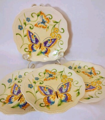 Pier 1 One Imports Botanica Butterfly Floral Salad Luncheon Plates Yellow 8.5