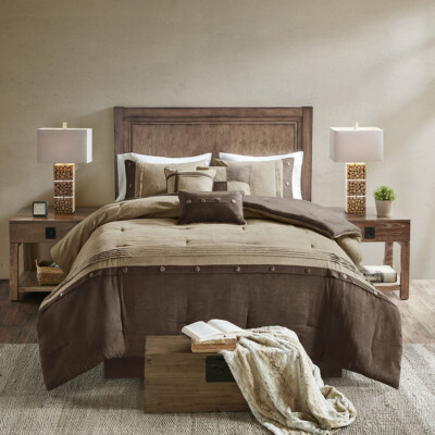 NEW! ~ COZY CHIC BROWN TAN TAUPE BEIGE BUTTON LODGE CABIN SOFT COMFORTER SET-image